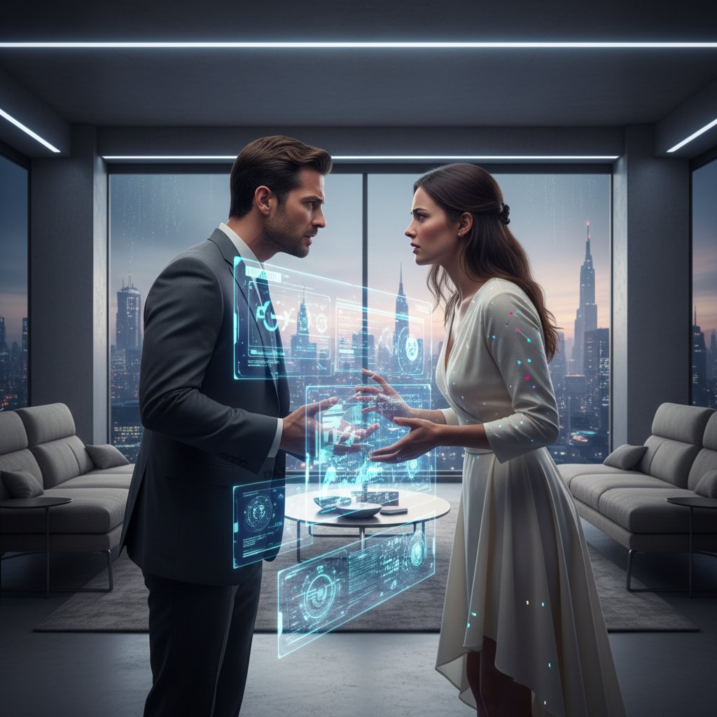 Dwie osoby prowadzące intensywną, realistyczną rozmowę w nowoczesnym, przyciemnionym pomieszczeniu z holograficznym interfejsem AI