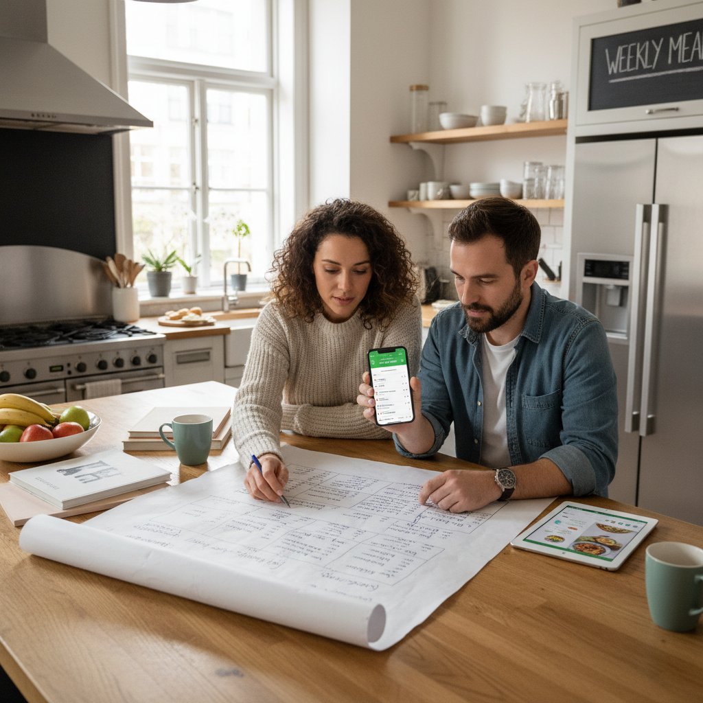 Porównanie planu papierowego i aplikacji do planowania posiłków, dwie osoby w kuchni