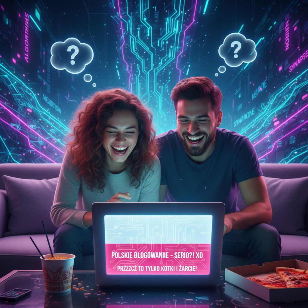 Dwie osoby przy laptopie śmieją się z zabawnego fragmentu tekstu, w tle widać motyw AI, polska atmosfera blogowa, kontekst ironii