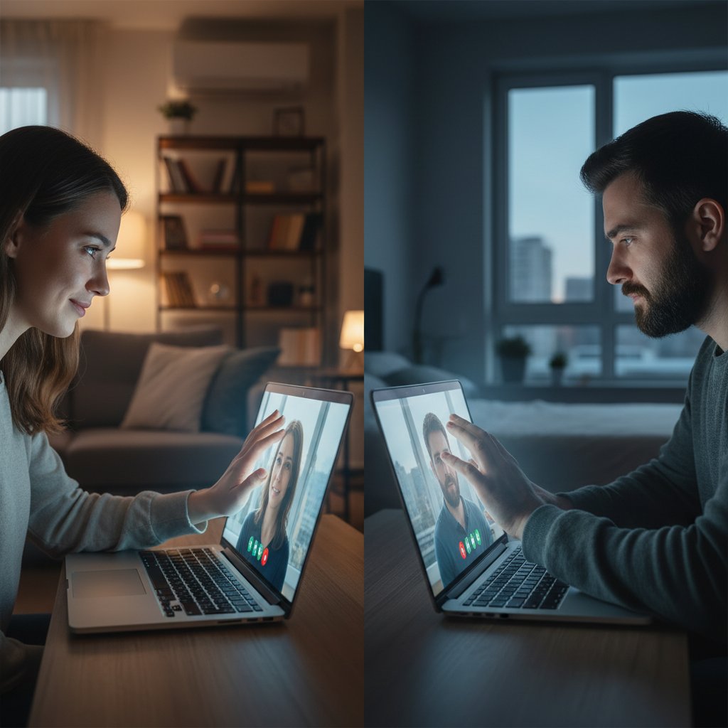 Zwei Menschen kommunizieren über Laptop in Fernbeziehung, beide wirken emotional verbunden