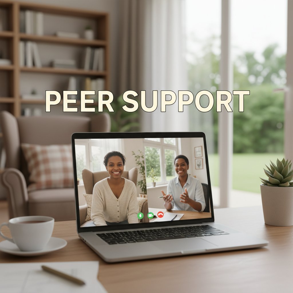 Zwei Menschen lächeln am Laptop, verbinden sich per Videochat mit einer Peer-Support-Community