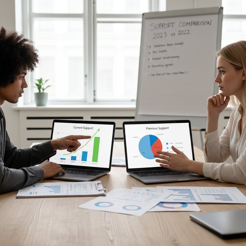 Dwie osoby rozmawiające i pracujące przy laptopach – porównanie technik wsparcia