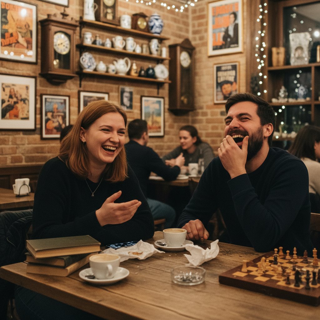 Dwie osoby śmiejące się podczas intensywnej rozmowy w polskiej kawiarni, widoczne emocje i interakcja
