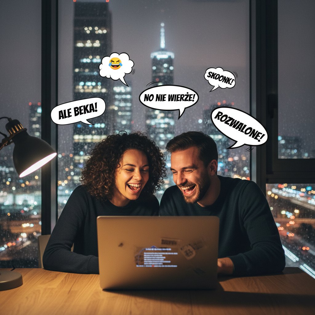 Dwie osoby śmiejące się przy laptopie z polskim slangiem na ekranie