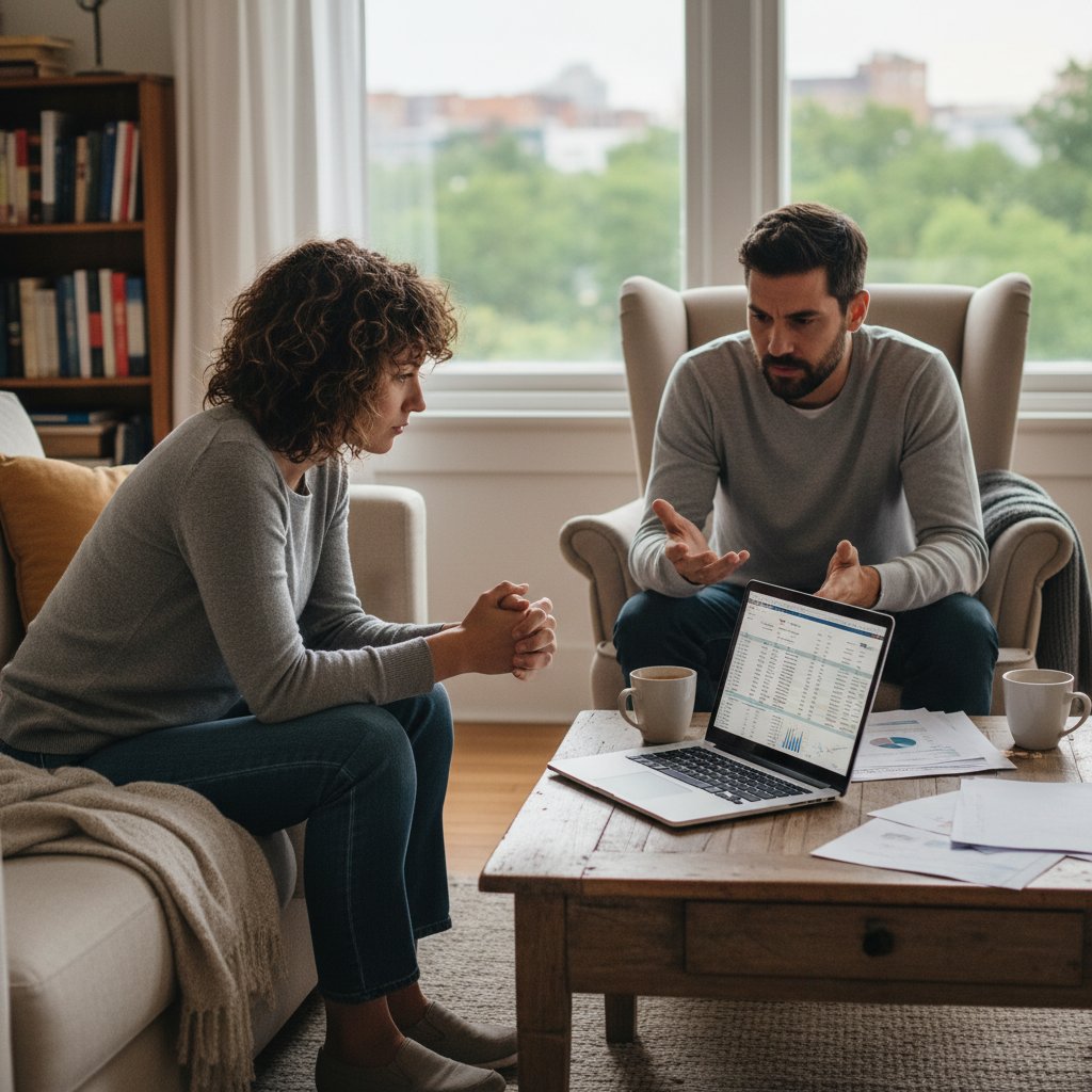 Dwie osoby w salonie dyskutują o decyzji podjętej z pomocą AI, z laptopem na stole