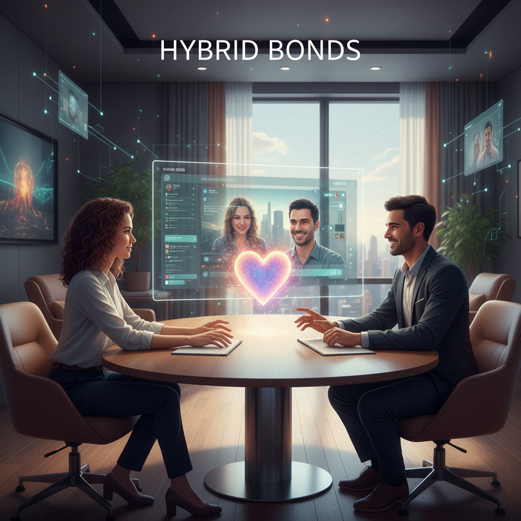 Spotkanie offline i online – dwie osoby rozmawiające przez komputer i na żywo, podkreślenie równorzędności obu światów