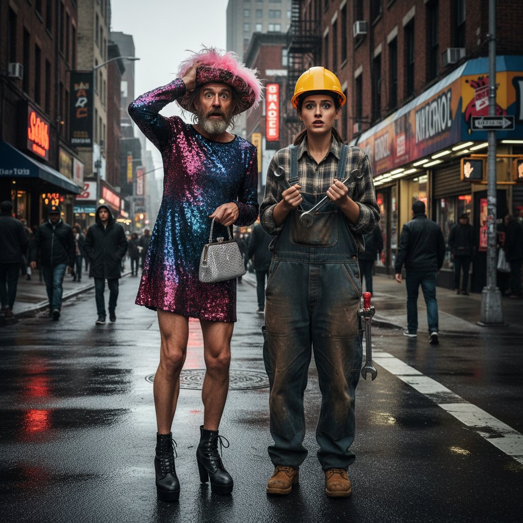 Two people in mismatched outfits, looking bewildered after a mind swap, city background, high contrast