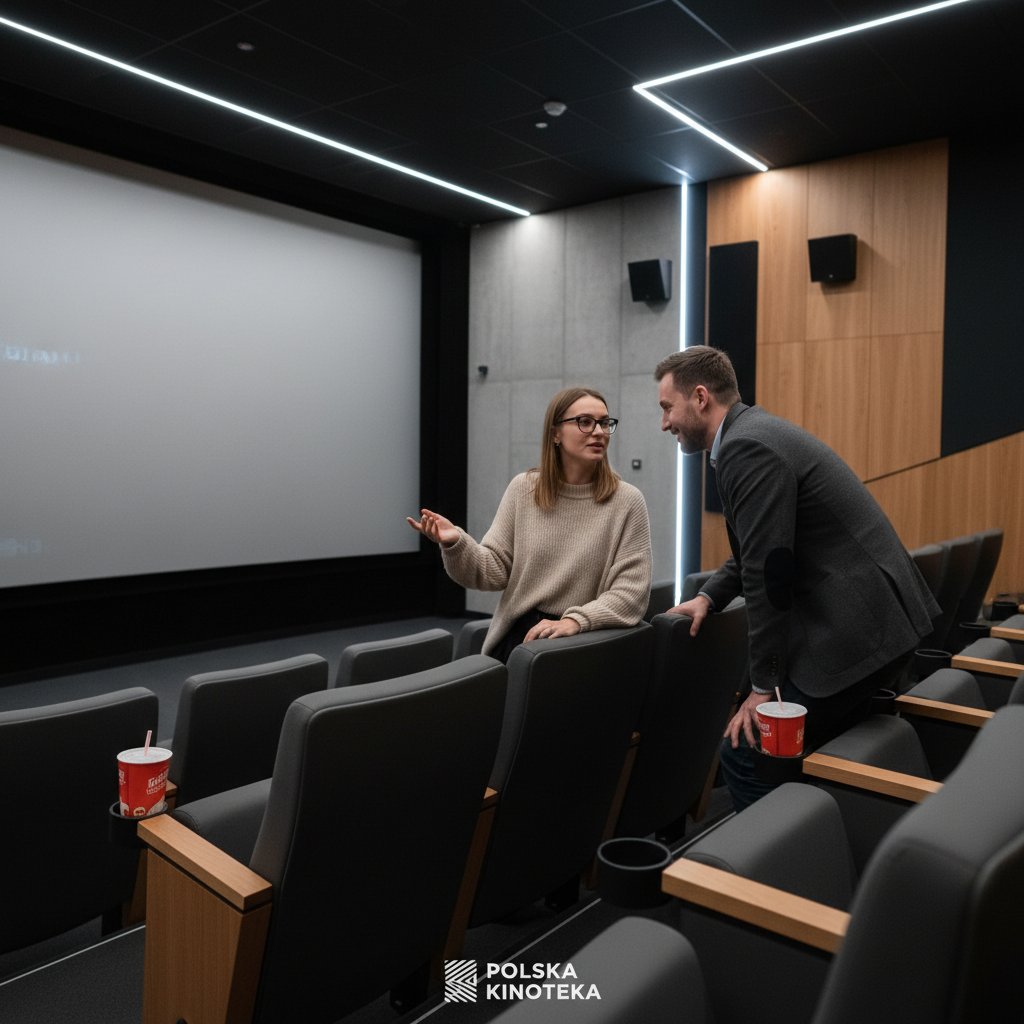 Dwie osoby w ciemnym, kinowym wnętrzu wymieniające się opiniami o filmie, tło: polskie napisy, nowoczesny klimat