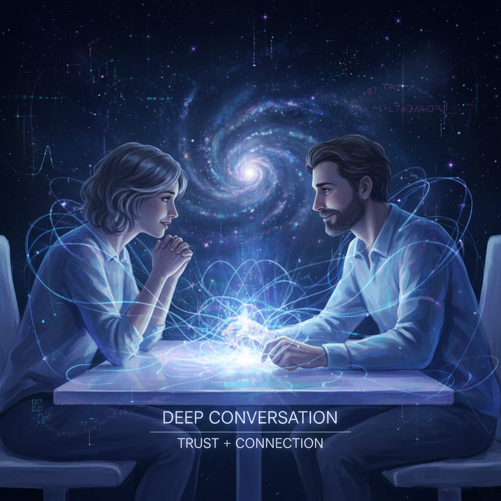 Zwei Personen führen nachts ein tiefgründiges Gespräch über digitale Geräte, Stimmung: vertrauensvoll, Verbindung durch Technik spürbar