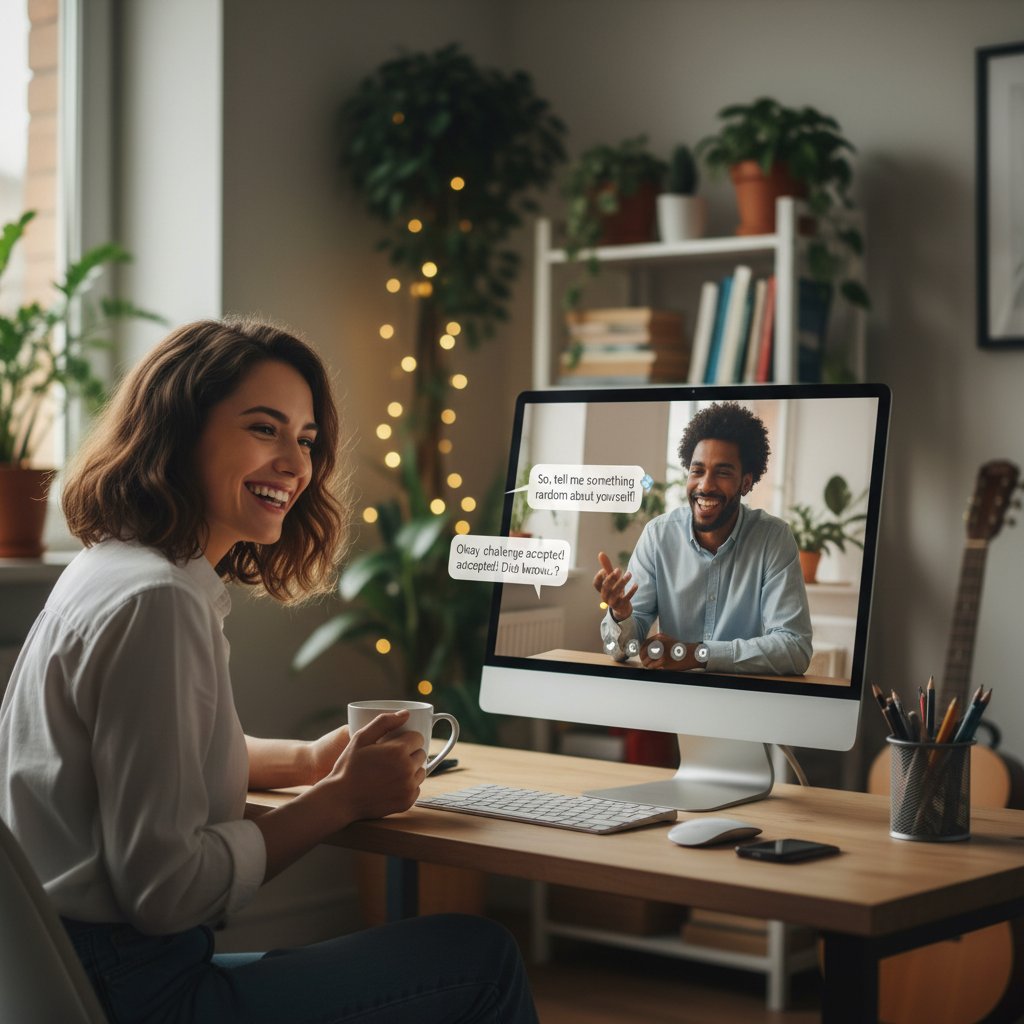 Dwie osoby połączone rozmową online, uśmiechnięte twarze, pierwsze przełamywanie lodu