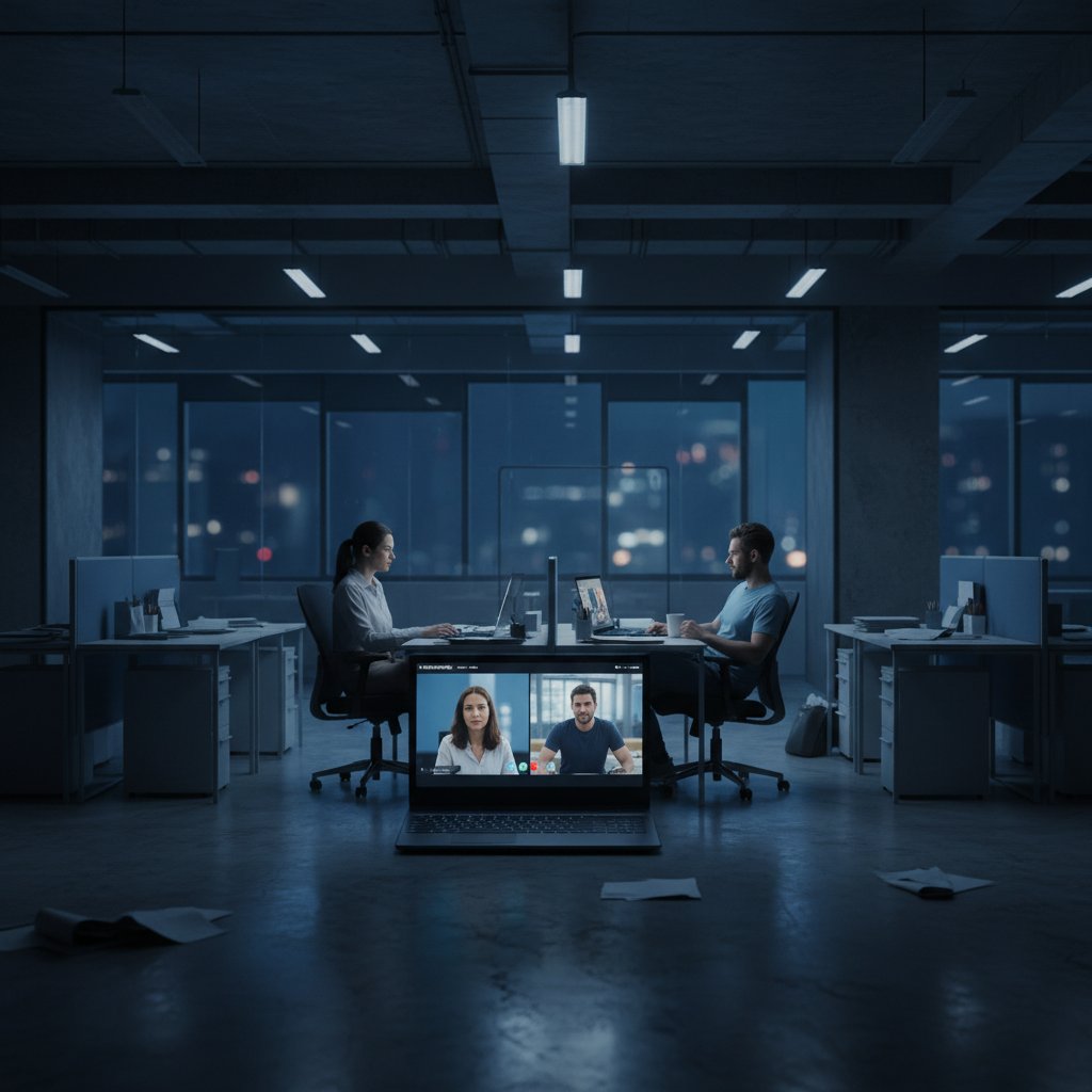 Dwie osoby komunikujące się online, oddzielone ekranami komputerów, w tle puste biuro