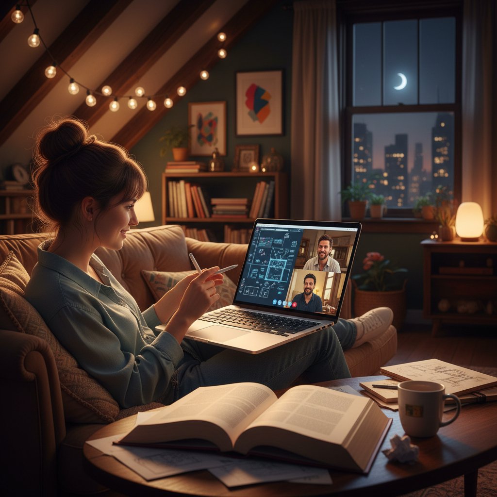 Para osób rozmawiających online, każde w swoim pokoju, skupieni na ekranie laptopa, atmosfera inspiracji.