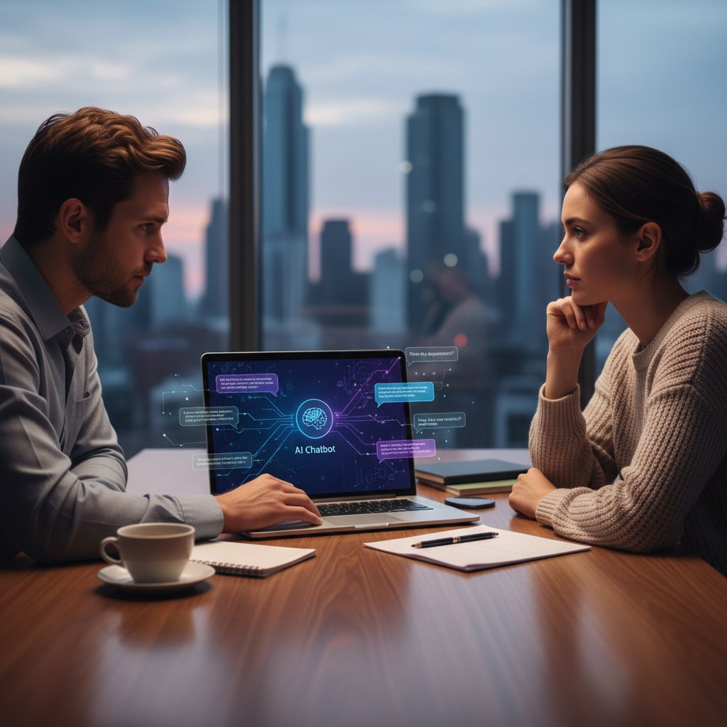 Dwie osoby siedzące naprzeciw siebie, jedna patrzy w ekran laptopa z włączonym chatbotem AI, druga słucha uważnie, symbol spotkania technologii i człowieka