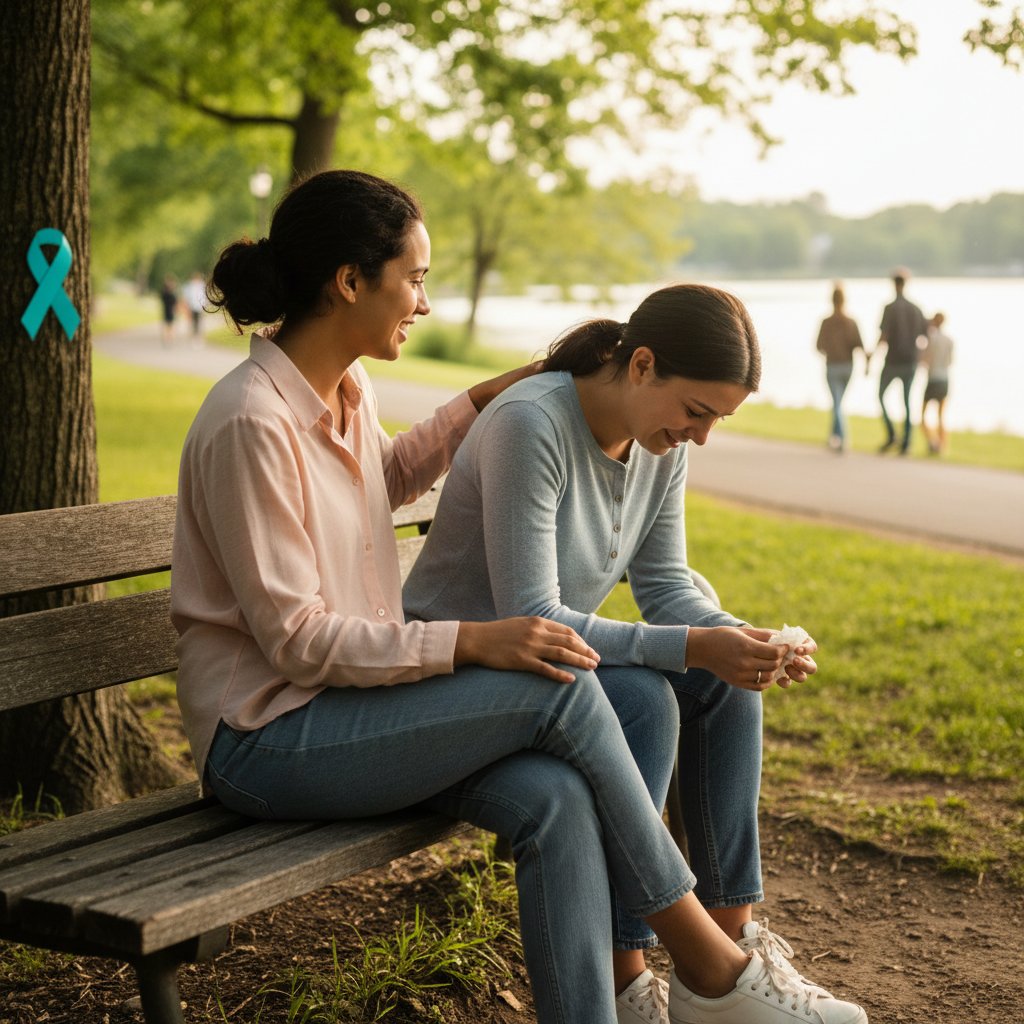 Dwie osoby rozmawiające w plenerze, symbolizujące wsparcie i siłę relacji międzyludzkich w kryzysie