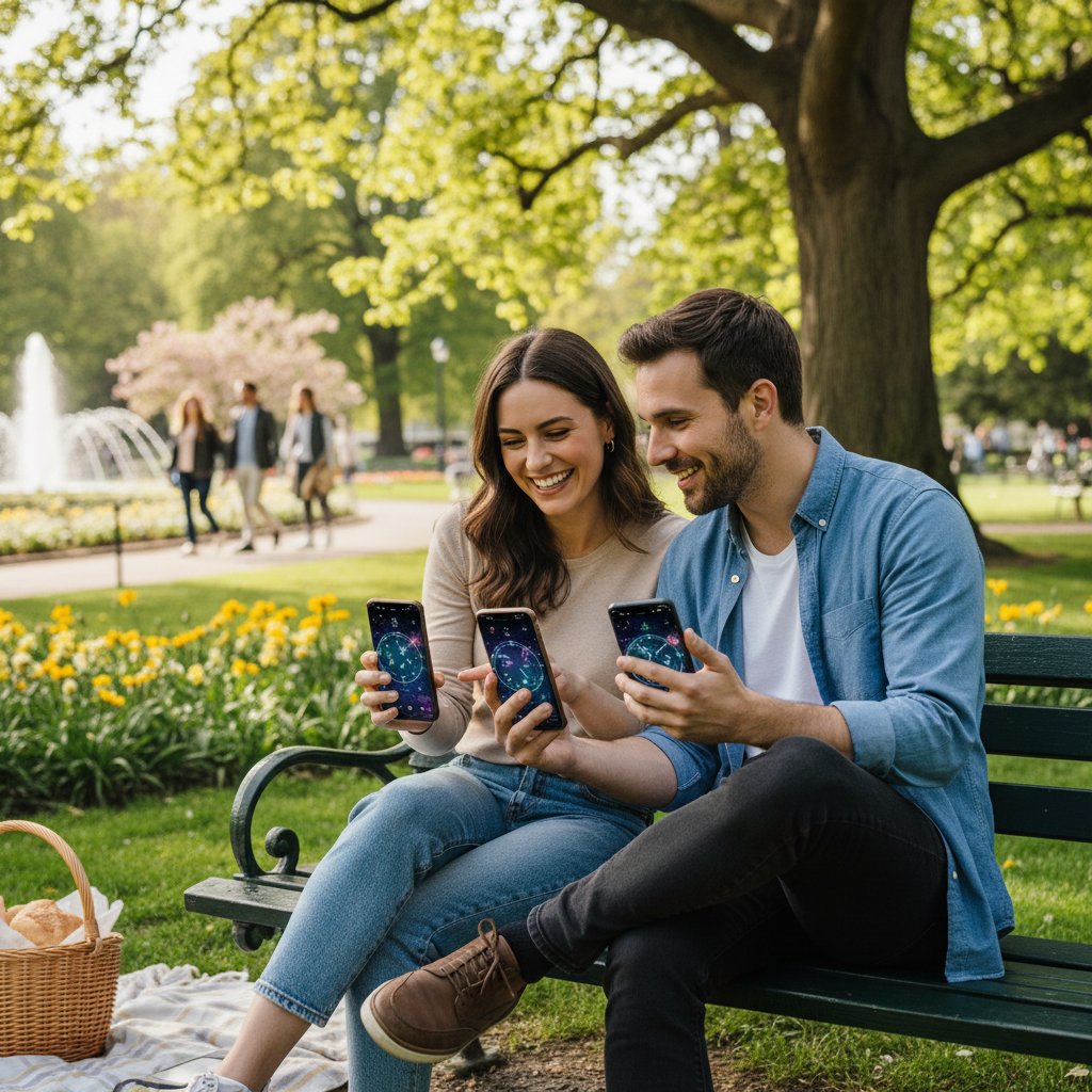 Dwie osoby w parku analizujące horoskopy na smartfonach, w tle przyjazna atmosfera, jasny dzień