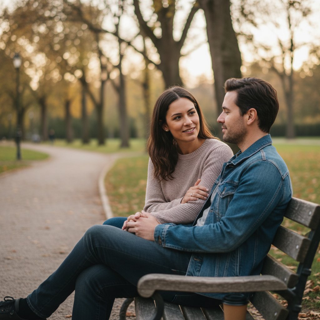 Dwie osoby rozmawiające szczerze na ławce w parku, atmosfera otwartości i zaufania