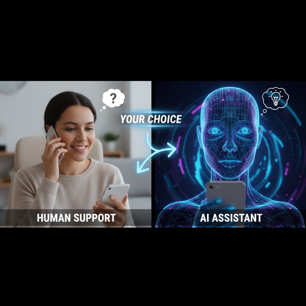 Dwie osoby – jedna rozmawia przez telefon z AI, druga z człowiekiem – wybór między technologią a relacją