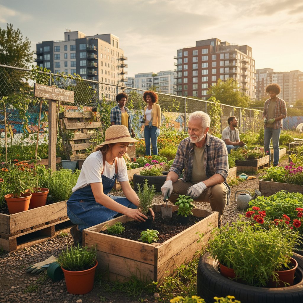 Dwie osoby sadzące zioła w miejskim ogrodzie społecznym, integracja społeczna, popołudniowe światło