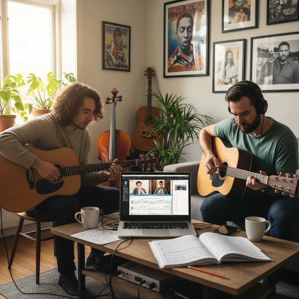 Dwie osoby ćwiczące akordy wspólnie przez internet – ekran laptopa, nuty, wspólna nauka