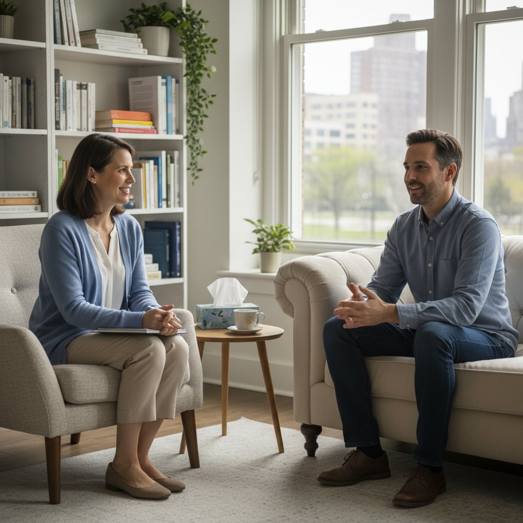 Dwie osoby rozmawiające w gabinecie psychologicznym, symbolizujące wsparcie specjalistyczne