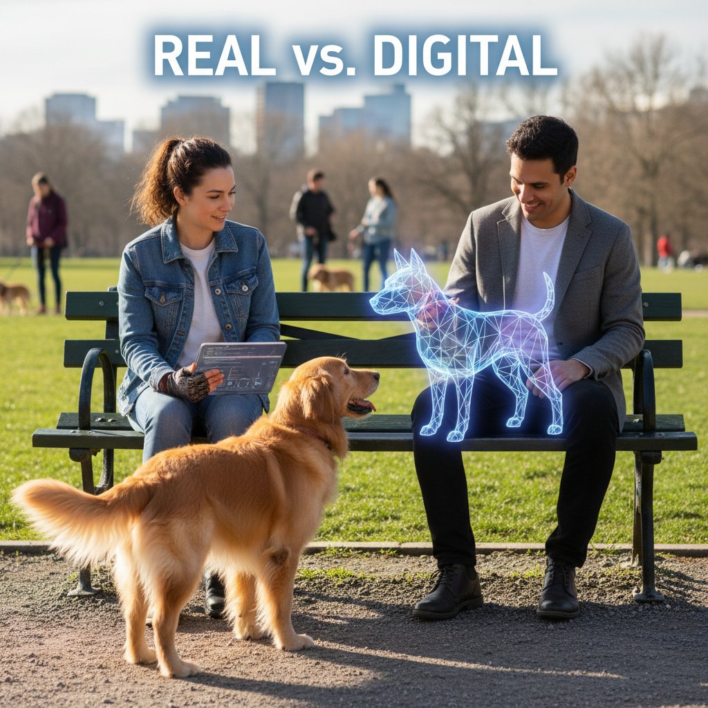 Zwei Menschen, ein echter und ein virtueller Hund, gemeinsamer Spaziergang im Park, Kontrast zwischen Realität und Simulation