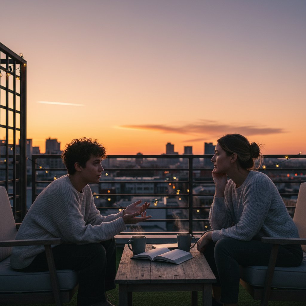 Intymna rozmowa zmieniająca życie – Dwie osoby na dachu przy zachodzie słońca, pogrążone w rozmowie