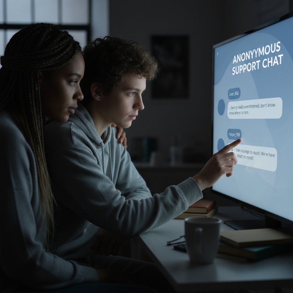 Dwie postacie po przeciwnych stronach ekranu, symboliczna scena wsparcia podczas anonimowej rozmowy online