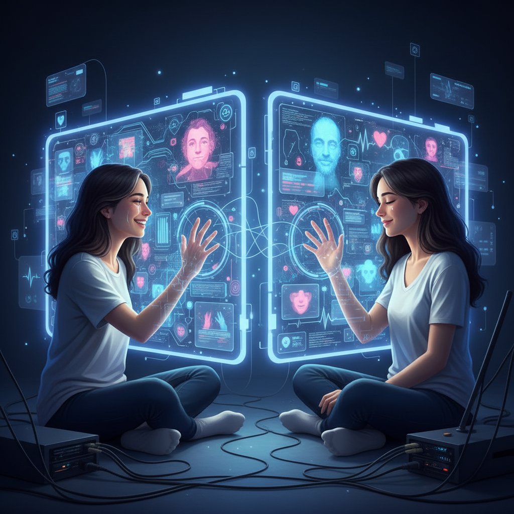 Dwie osoby siedzące osobno, ale patrzące na swoje ekrany z wyraźnymi emocjami, symbolizujące cyfrową bliskość