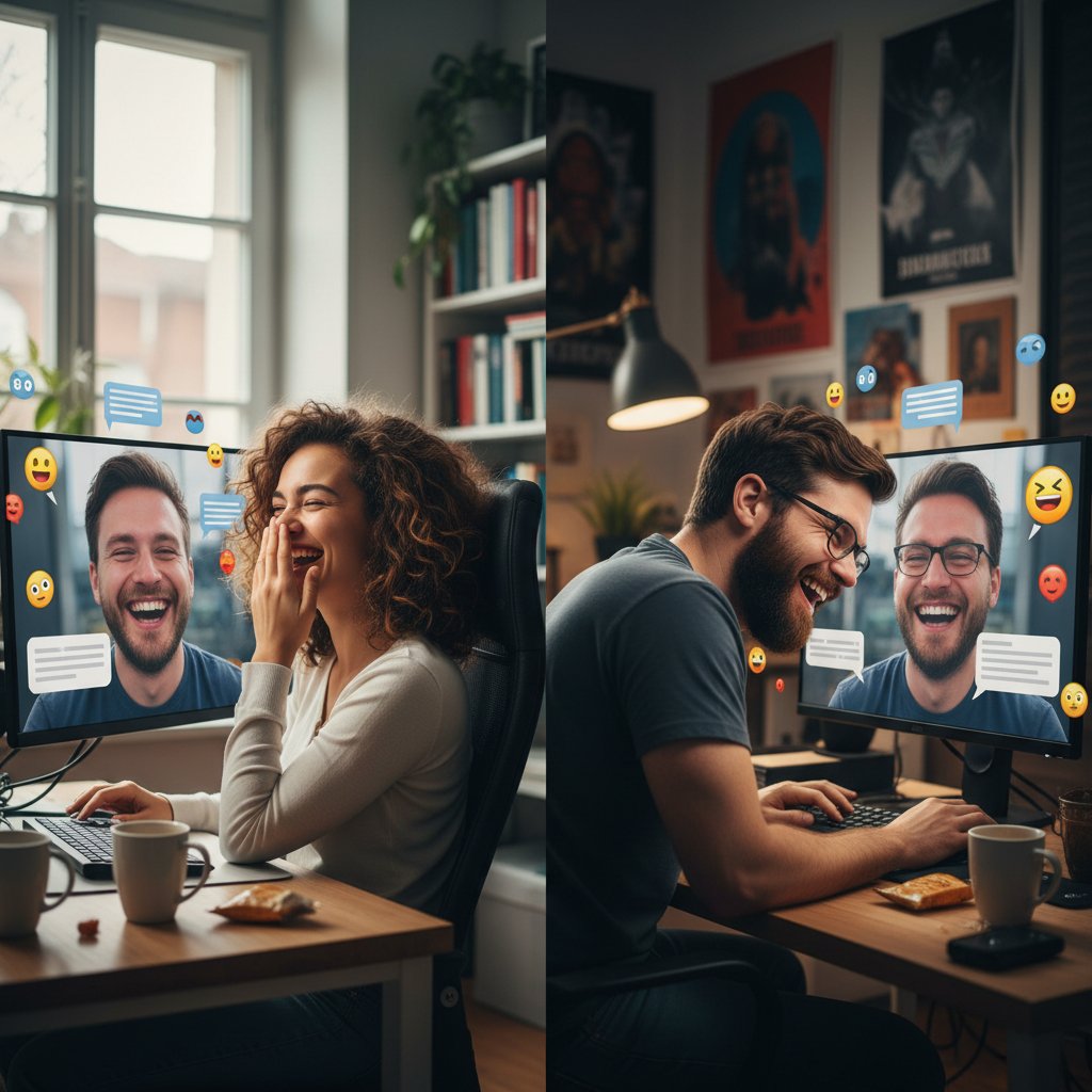 Dwie osoby, każda przy swoim komputerze, śmiejące się podczas rozmowy online