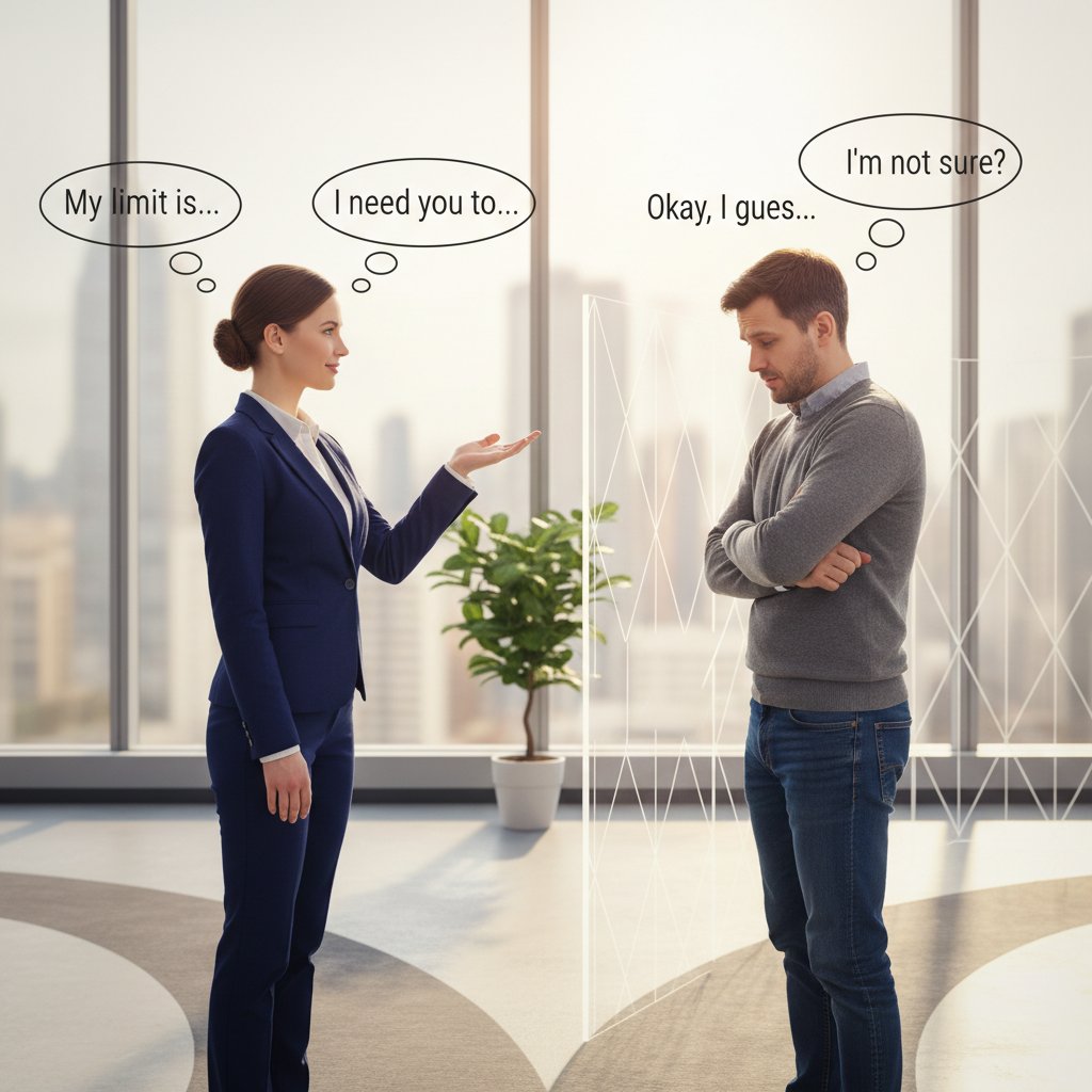 Dwie osoby wyznaczające granice w rozmowie, różnica między asertywnością a dewaluacją