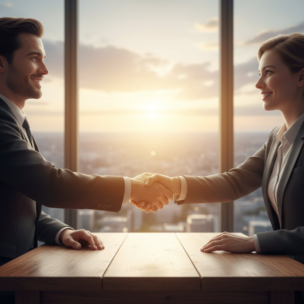 Zdjęcie dwóch osób podających sobie ręce, jasne światło, atmosfera zaufania, relacje interpersonalne