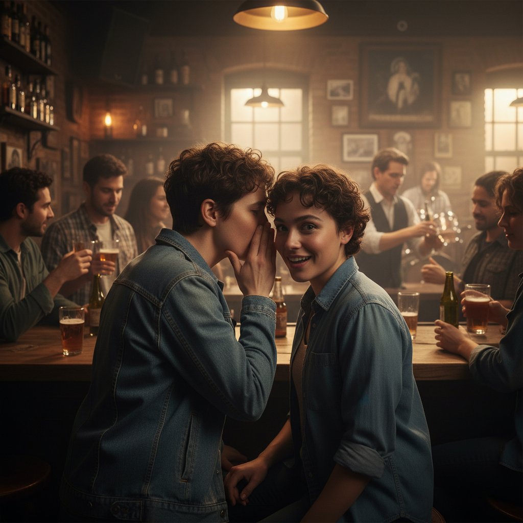 Przyjaciele dzielący się sekretem w zatłoczonym barze – szczerość, zaufanie, prawdziwa przyjaźń
