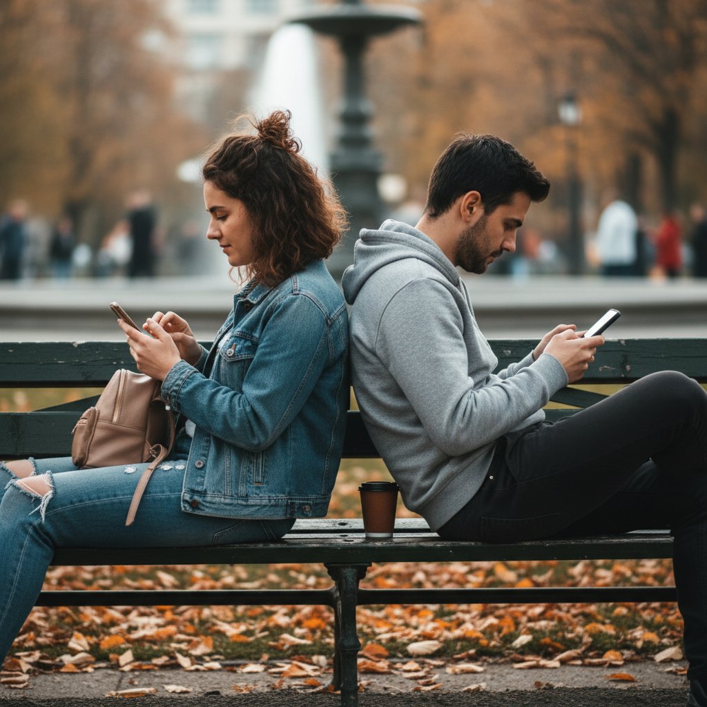 Dwie osoby siedzące obok siebie, patrzące w ekrany telefonów, bez kontaktu wzrokowego