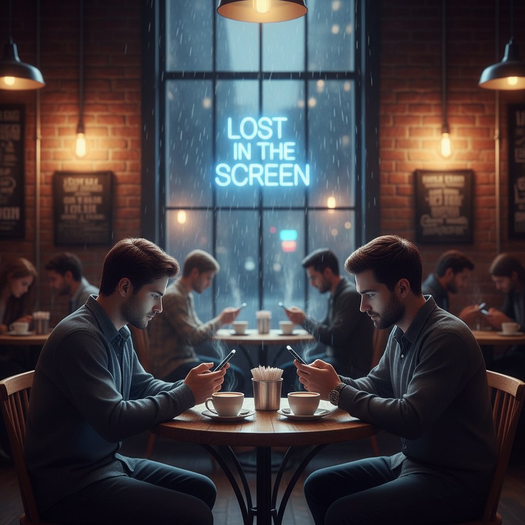 Dwie osoby przy stoliku, zapatrzone w telefony, dystans emocjonalny