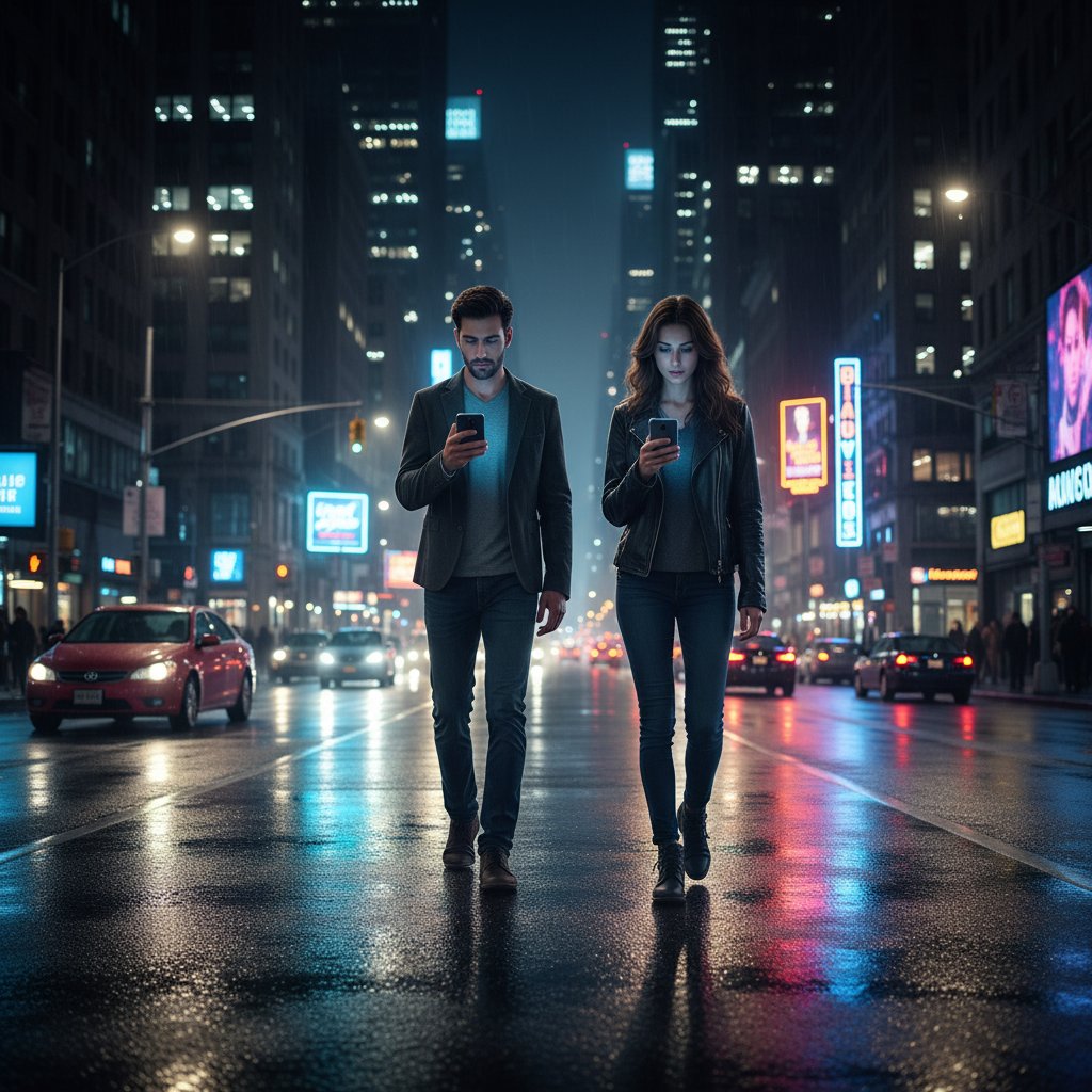 Dwie osoby rozmawiające przez smartfony, w tle miasto nocą i światła uliczne
