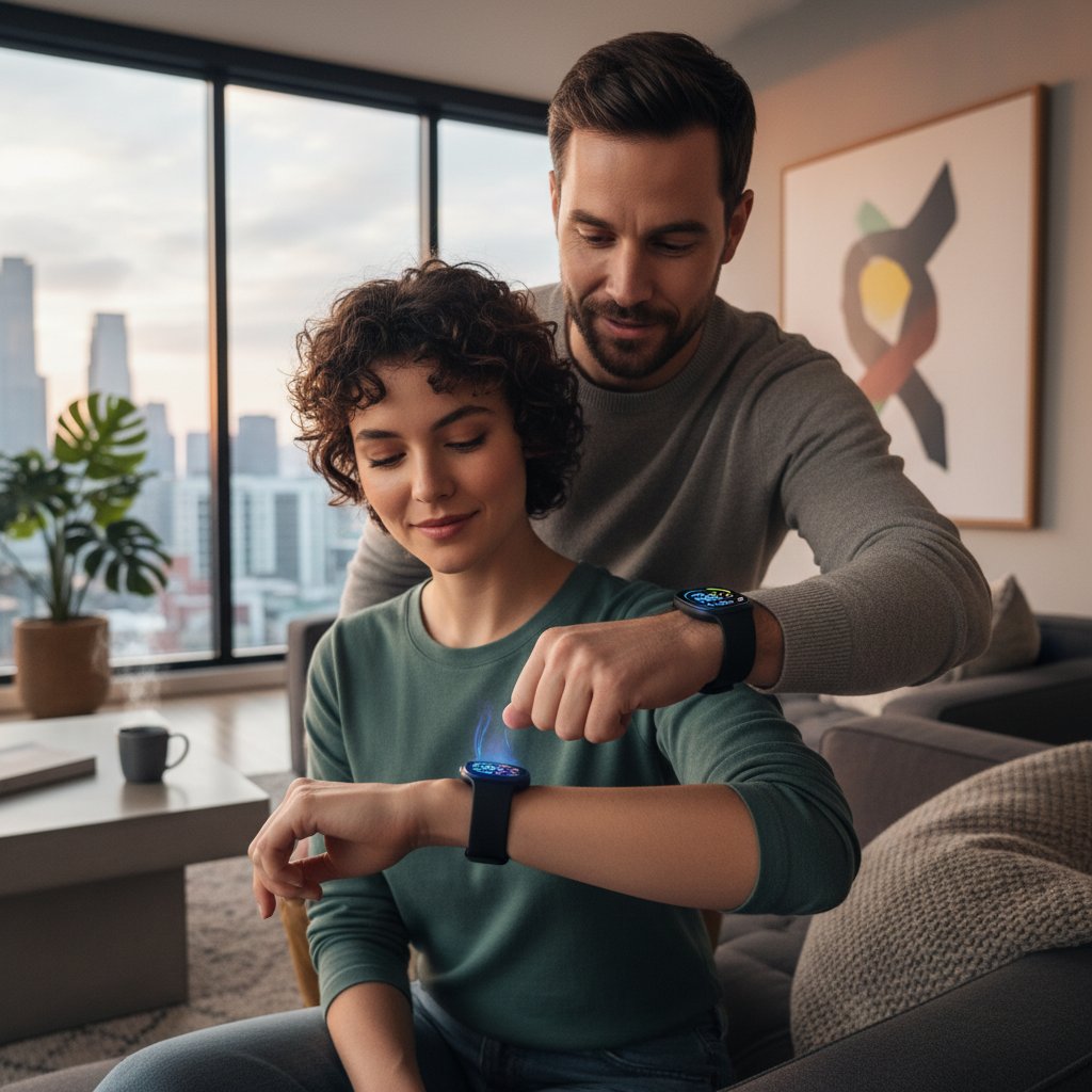 Dwie osoby korzystające ze smartwatchy analizujących sen, w tle nowoczesne wnętrze mieszkania