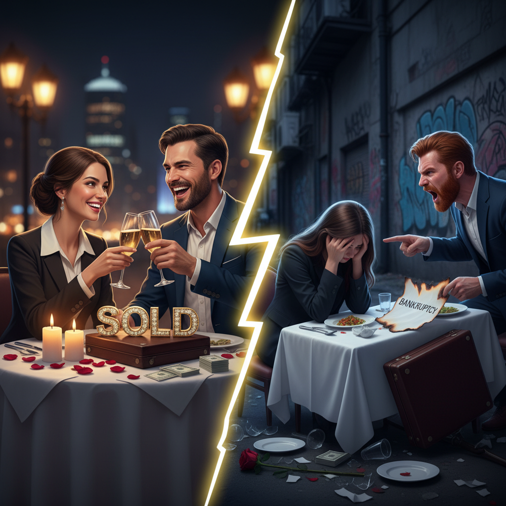 Dwie osoby przy stole, jedno uśmiechnięte, drugie zamyślone i niepewne, symbol wygranej i porażki, skuteczne randkowanie