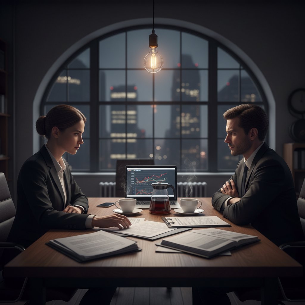 Dwoje ludzi w napiętej rozmowie przy stole, dokumenty i kubki z kawą – zawieranie umów w praktyce