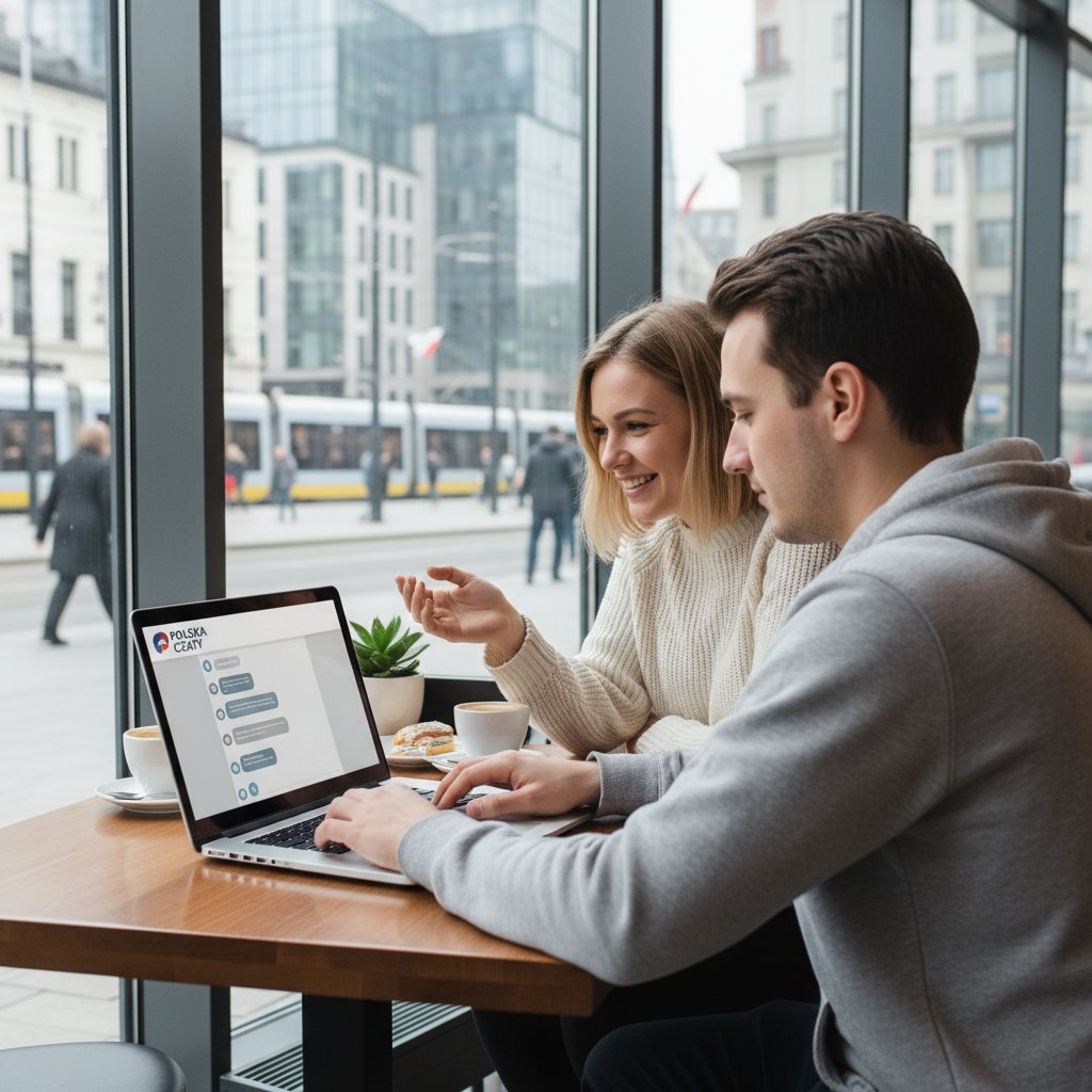 Dwie osoby siedzące naprzeciw siebie przy stole, między nimi laptop z otwartą aplikacją do rozmów, współczesna scena polskiej codzienności