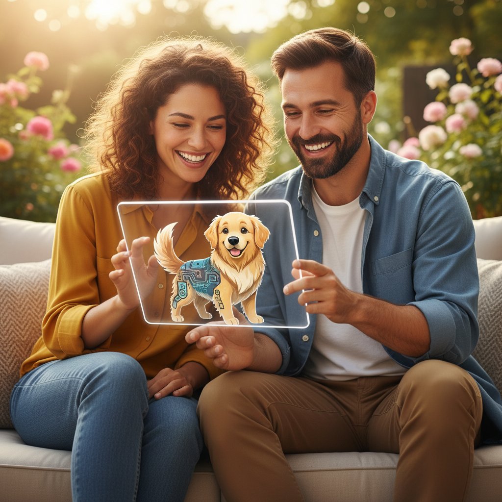 Dwie osoby zadowolone ze wspólnej zabawy z psem AI na tablecie, uśmiechy, pozytywna energia