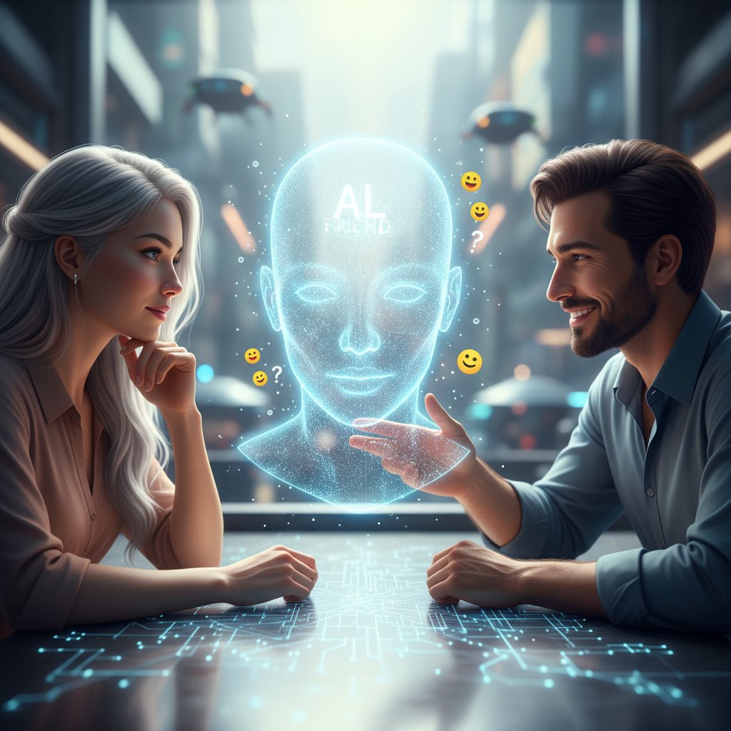 Dwie osoby rozmawiające online z AI kumplem, widoczne różnice emocji na twarzach