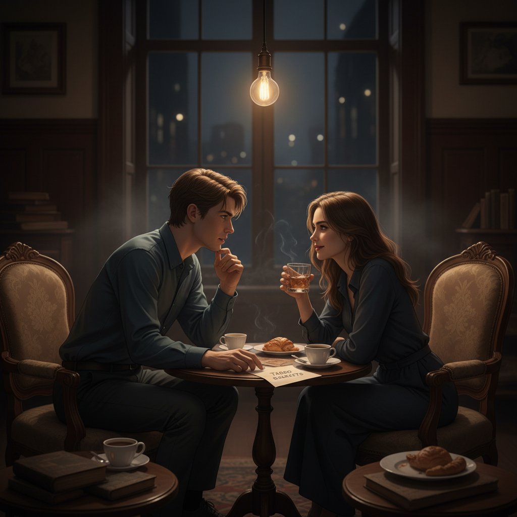 Symboliczna scena rozmowy dwóch osób w ciemnym wnętrzu, ilustrująca głęboką rozmowę bez tabu