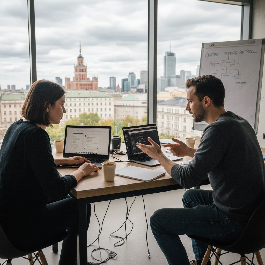 Dwie osoby testujące różne chatboty na laptopach – porównanie AI po polsku