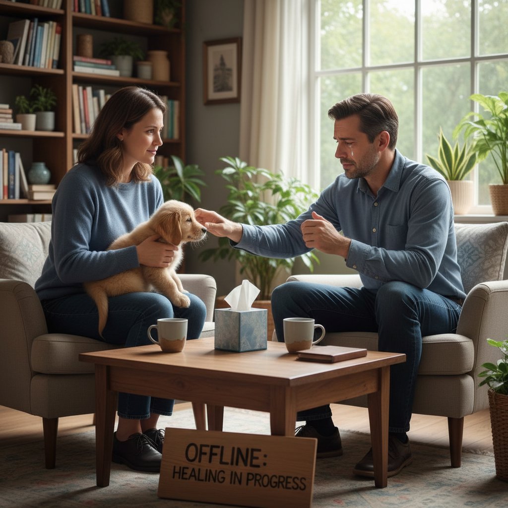 Dwie osoby siedzące naprzeciwko siebie w gabinecie terapeutycznym, rozmawiające szczerze, keywords: terapia, emocjonalne wsparcie offline