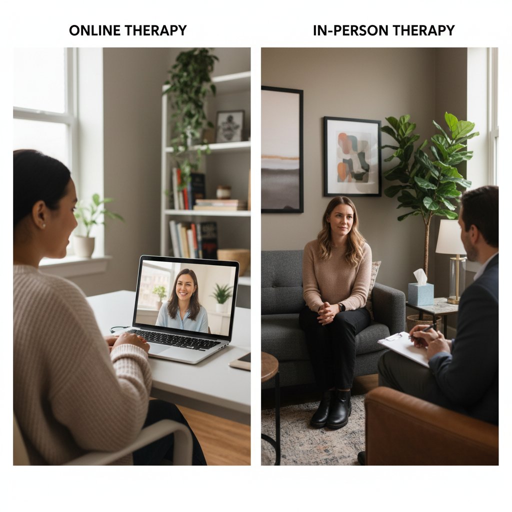 Dwie osoby siedzące naprzeciw siebie: jedna z laptopem, druga w klasycznym gabinecie terapeutycznym