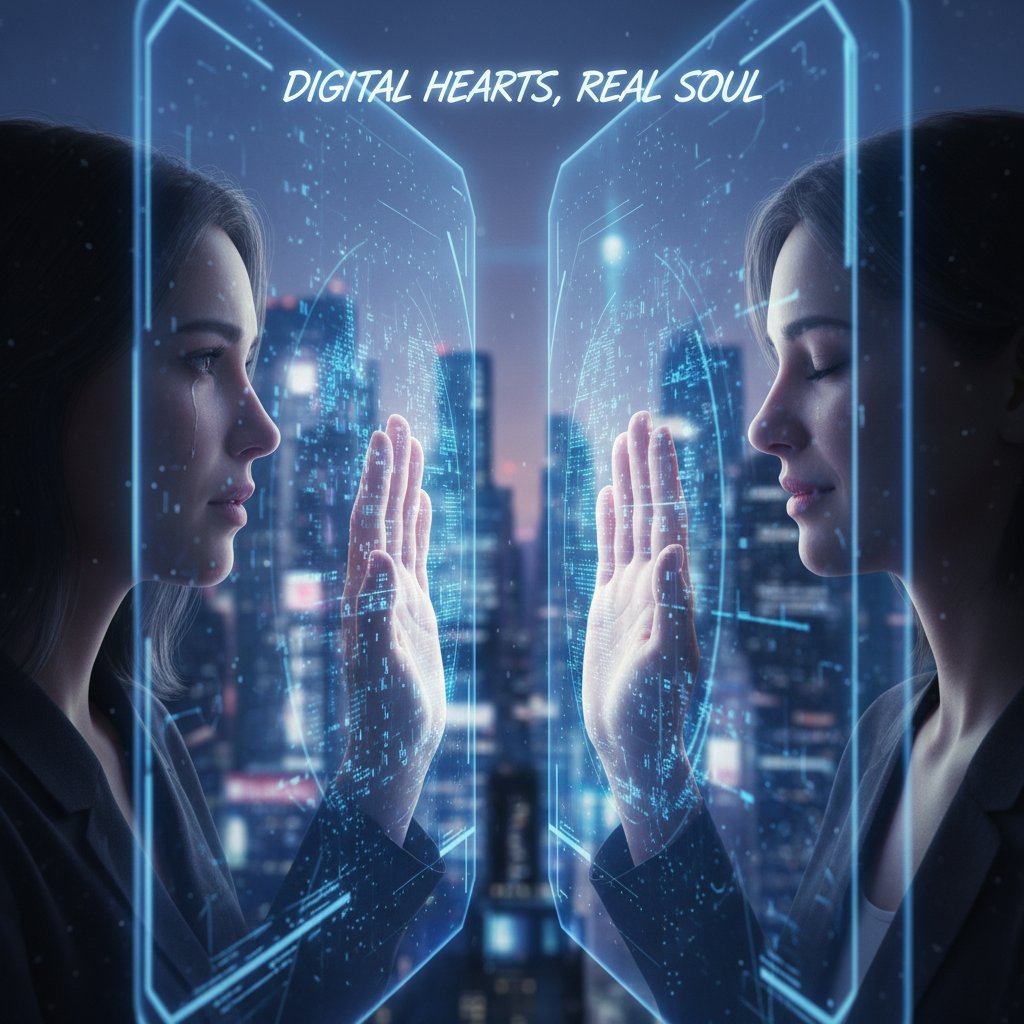 Zwei Menschen berühren ihre Hände an Bildschirmen, emotionale Verbindung trotz Distanz – Symbolbild für echte Nähe digital
