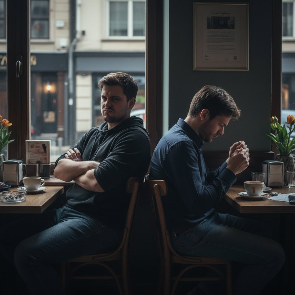 Dwie osoby – jedna z nich unika kontaktu wzrokowego i wydaje się zamknięta, druga dominuje rozmowę, co widać po gestach – ilustracja toksycznej dynamiki rozmowy