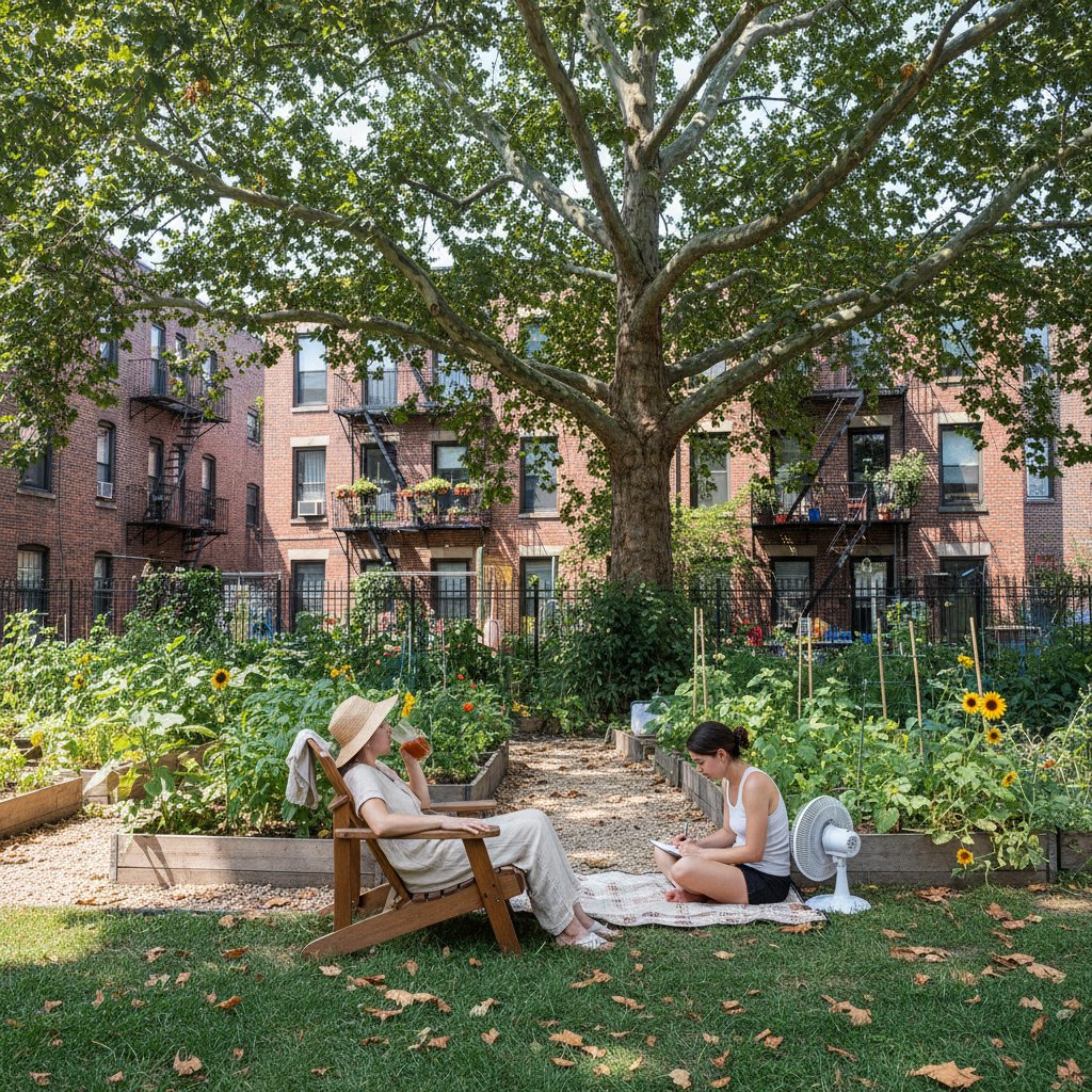 Dwie osoby odpoczywające pod cieniem drzewa w miejskim ogrodzie, upalne lato