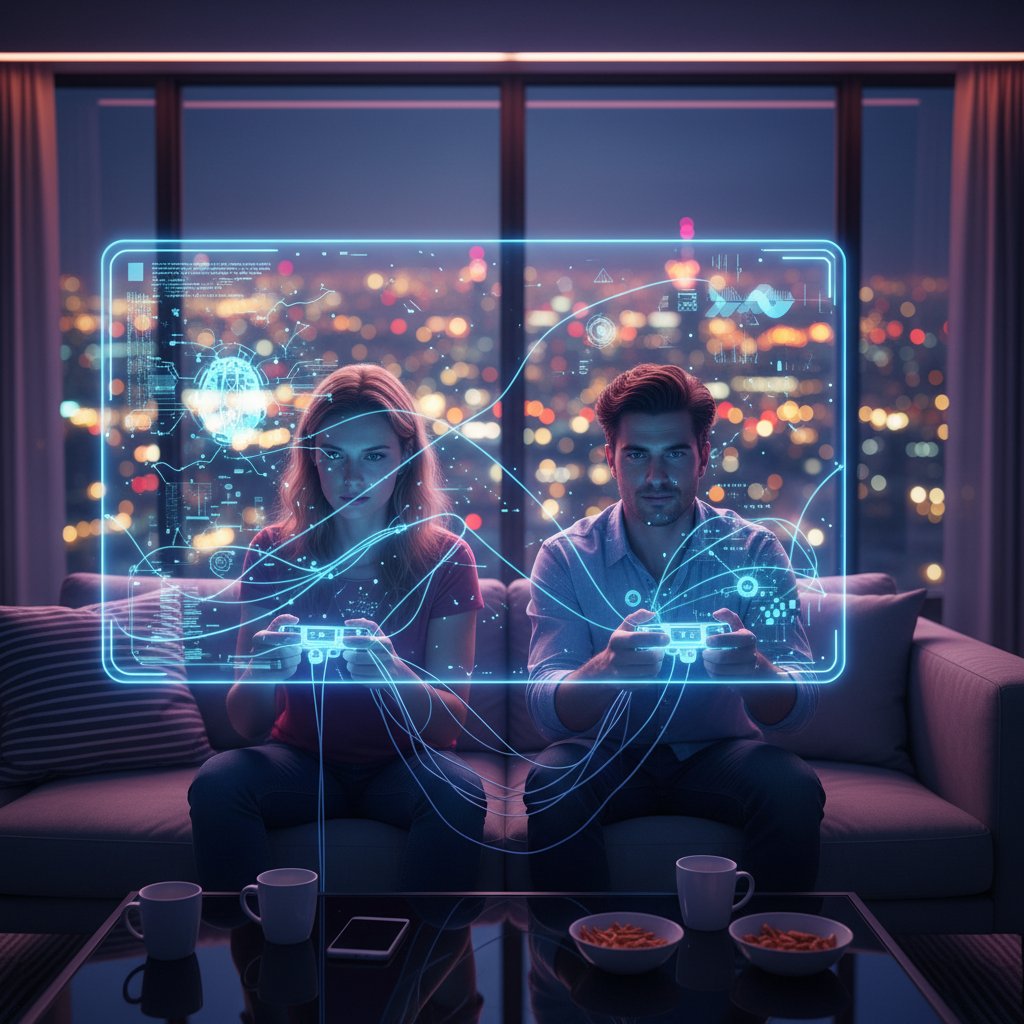 Two people in separate urban apartments, illuminated by the bluish glow of their screens, each reaching toward their device with hopeful expressions.
