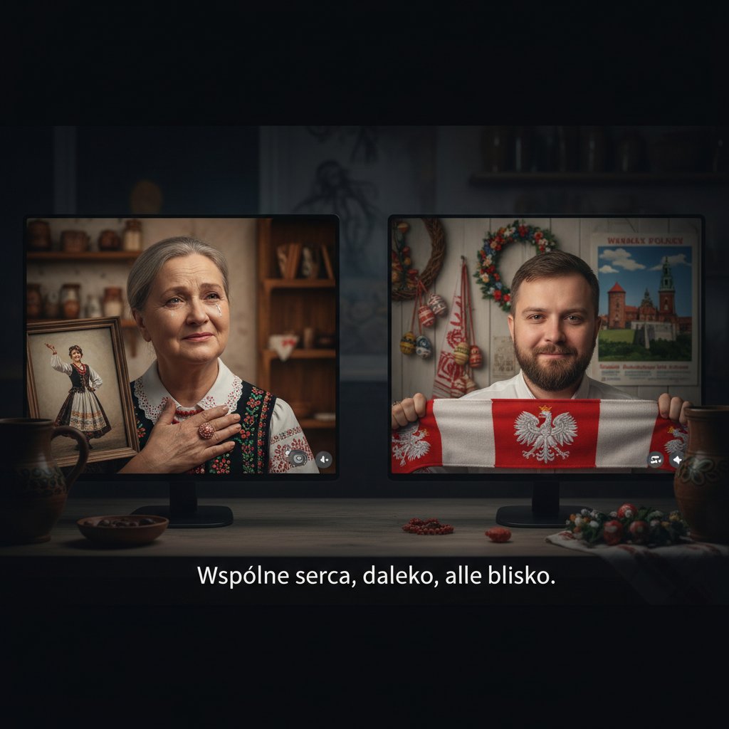 Dwie osoby rozmawiające przez ekran, z wyraźnym zaangażowaniem emocjonalnym – klimat wieczorny, polskie elementy